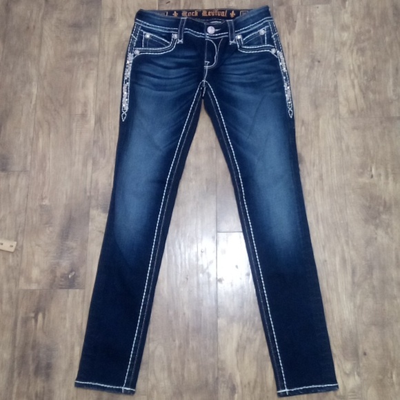 Rock Revival Women's 26 Dark Wash Skinny Jeans Amy Bejeweled Distressed NWOT - Picture 2 of 13